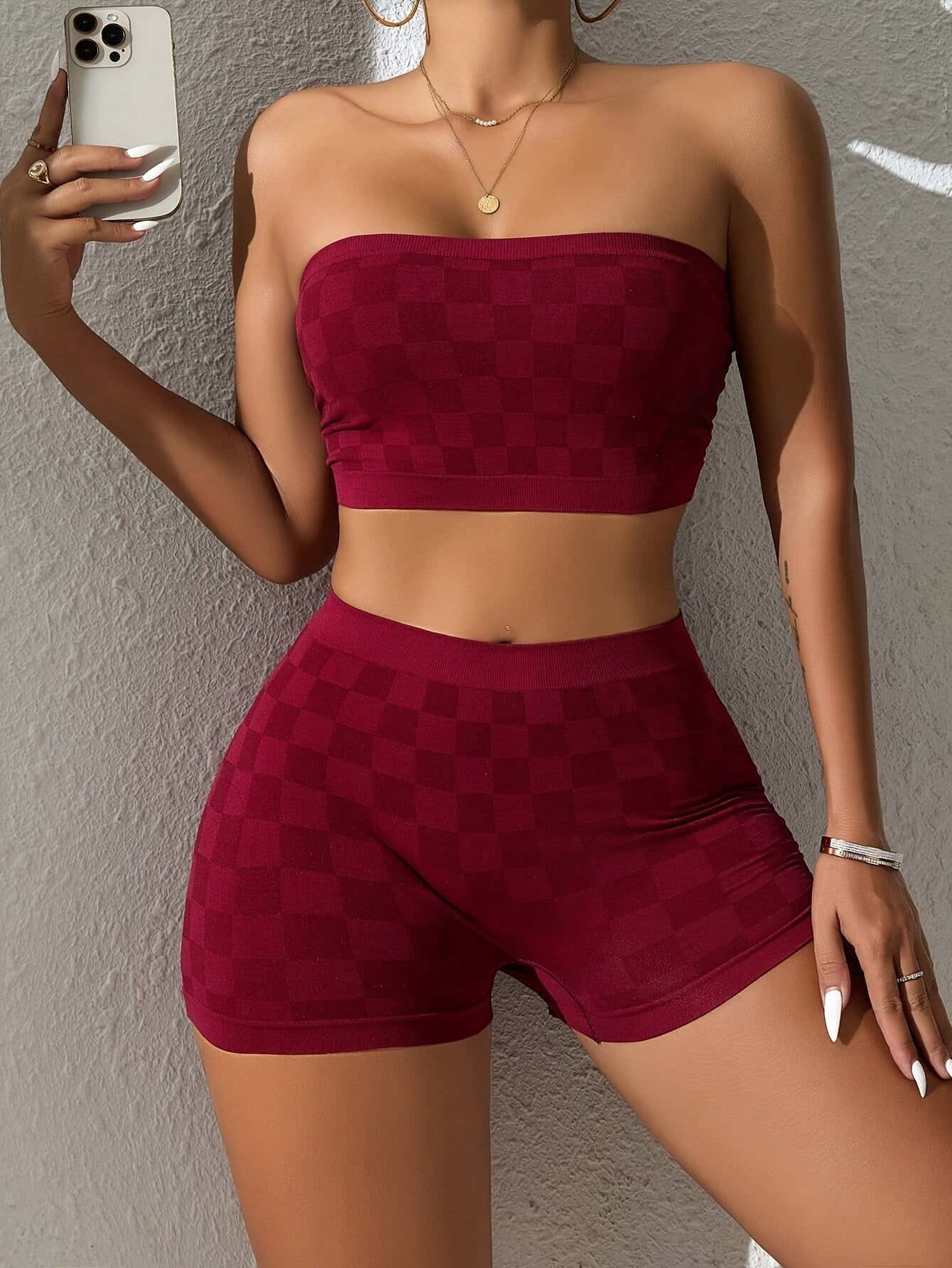 Women's Fashion Plaid Tube Top and Shorts Set, Simple Valentine's Day Gift