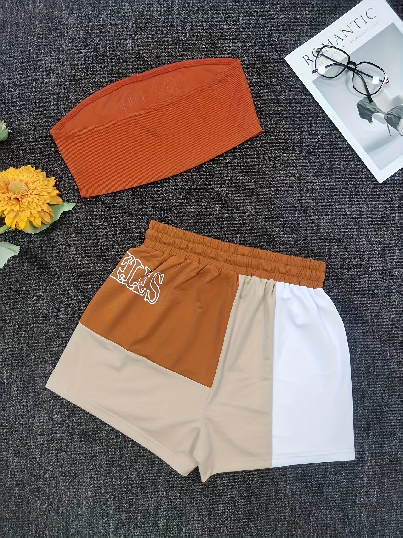 Women'S Stylish Casual Printed Color-Blocked Shorts And Strapless Two-Piece Set