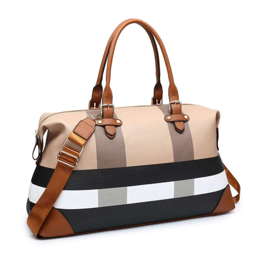 PU leather large overnight travel bag striped pattern handbag carry-on luggage bag suitable for vacation, overnight, camping, hiking, sports and fitness