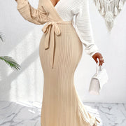 Two-Tone Polyester Elegant Batwing Sleeve Bodycon Long Dress with V-Neck Patchwork, Lace-Up Detail for Women, Fall Season