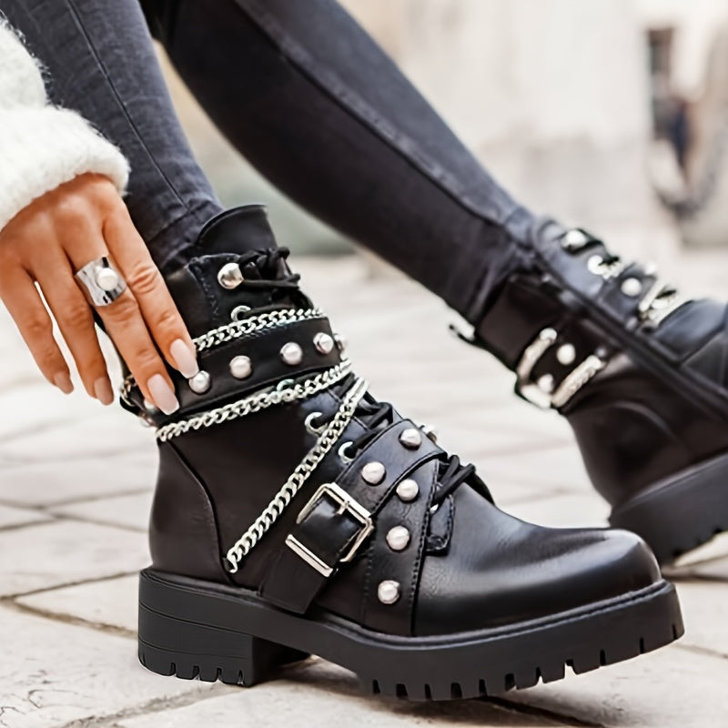 Women's Solid Color Trendy Boots, Side Zipper Comfy Platform Chain & Buckle Belt Decor Boots, Winter Gothic Round Toe Boots