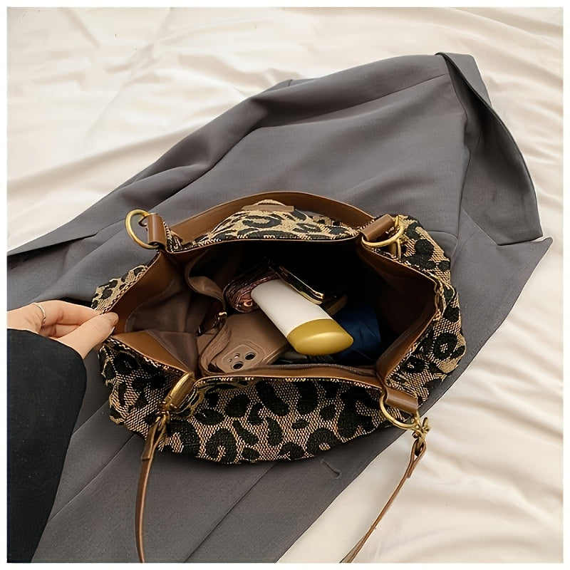 Chic Leopard Print Canvas Tote Bag for Women - Casual Shoulder Handbag with Dual Handles, Perfect for Daily Commute & Fashion Outings