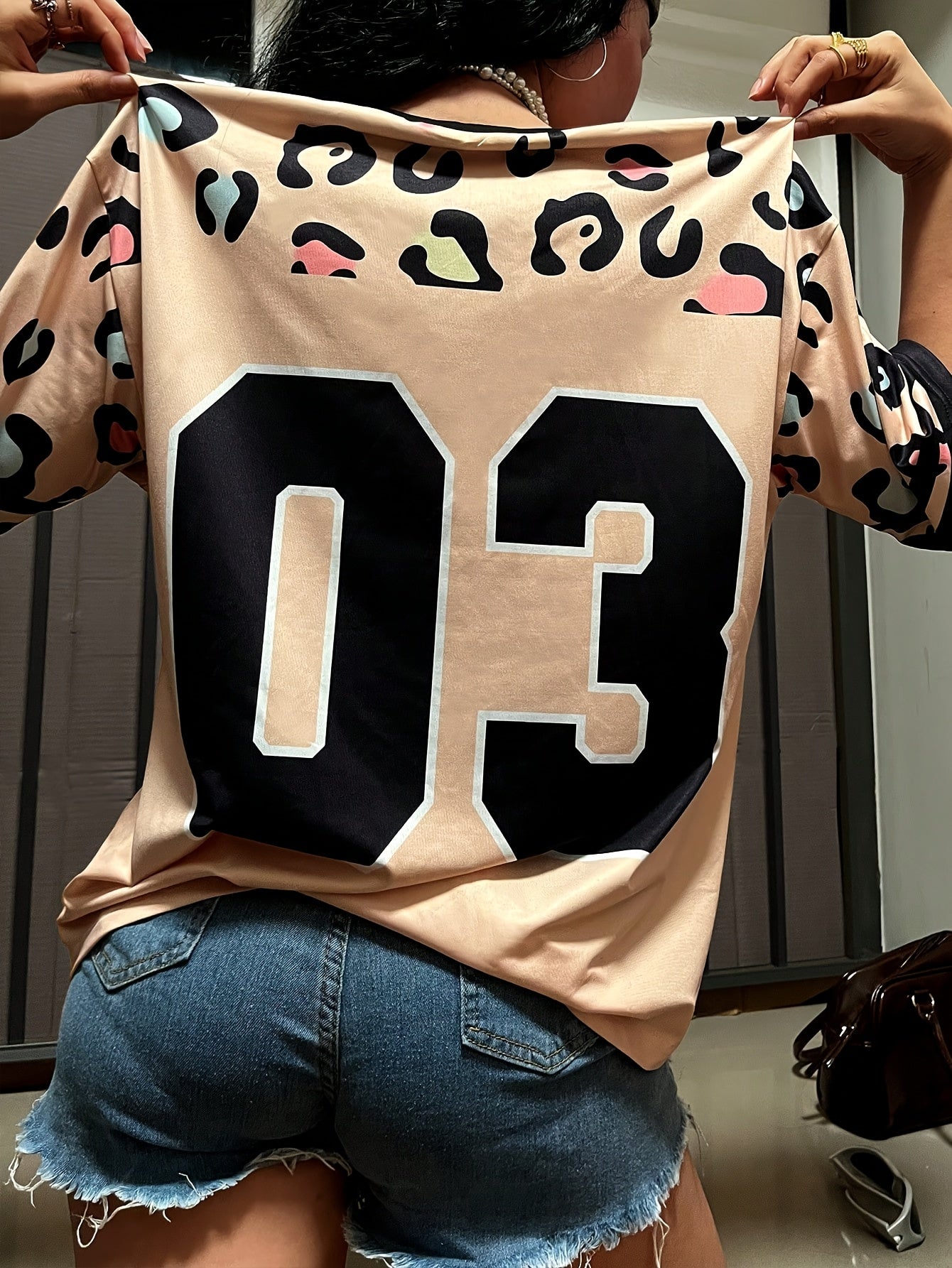 Women's Sporty Chic V-Neck T-Shirt with Bold '03' Numerals & Leopard Print - Lightweight Breathable Fabric, Machine Washable, Spring/Summer Casual Top, Ladies T Shirts, Summer Fashion, Vneck Tee, Sophisticated Design