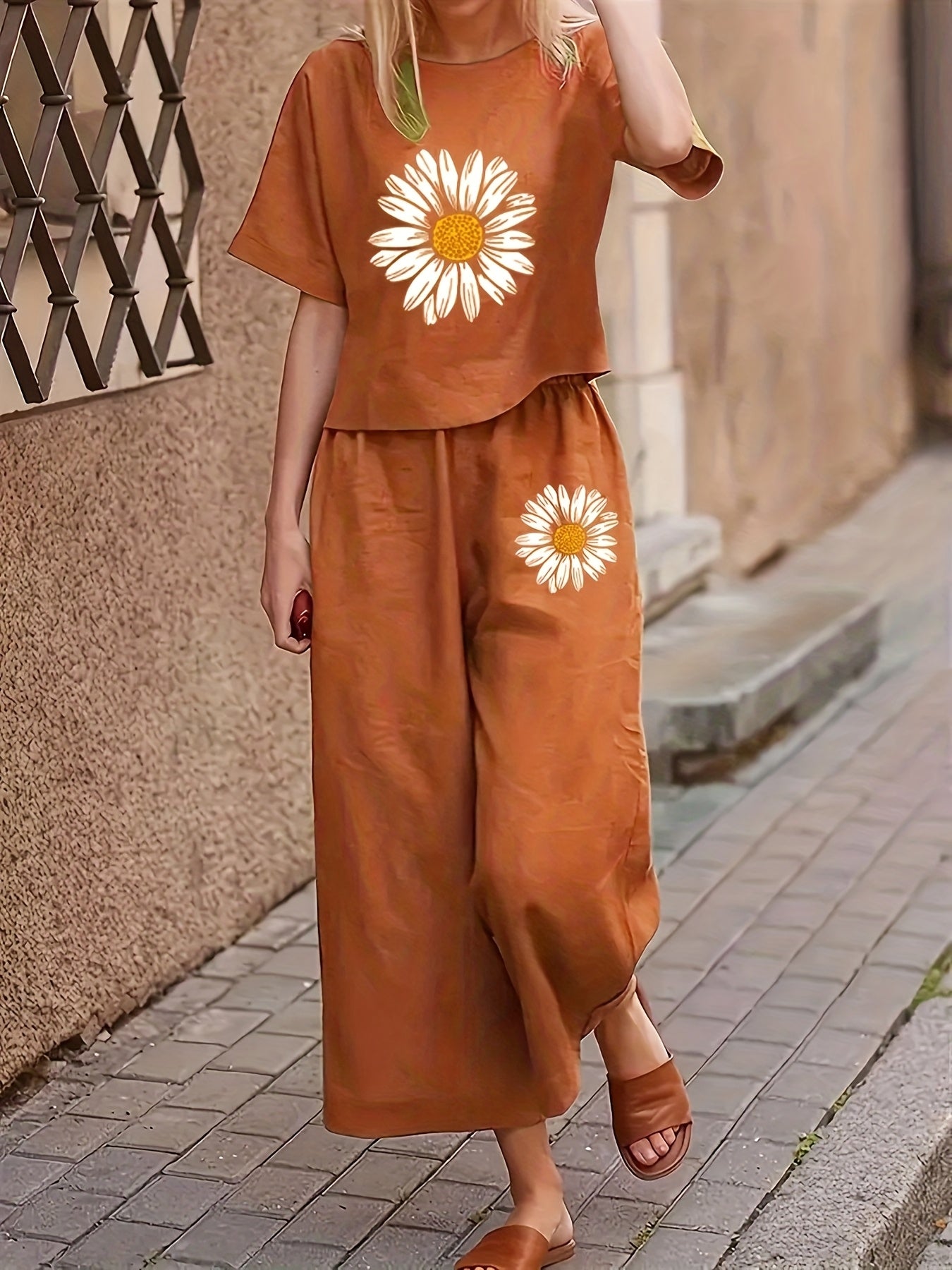 Cat Ear Floral Print Short Sleeve Long Pants Casual Comfort Women's Two-Piece Set