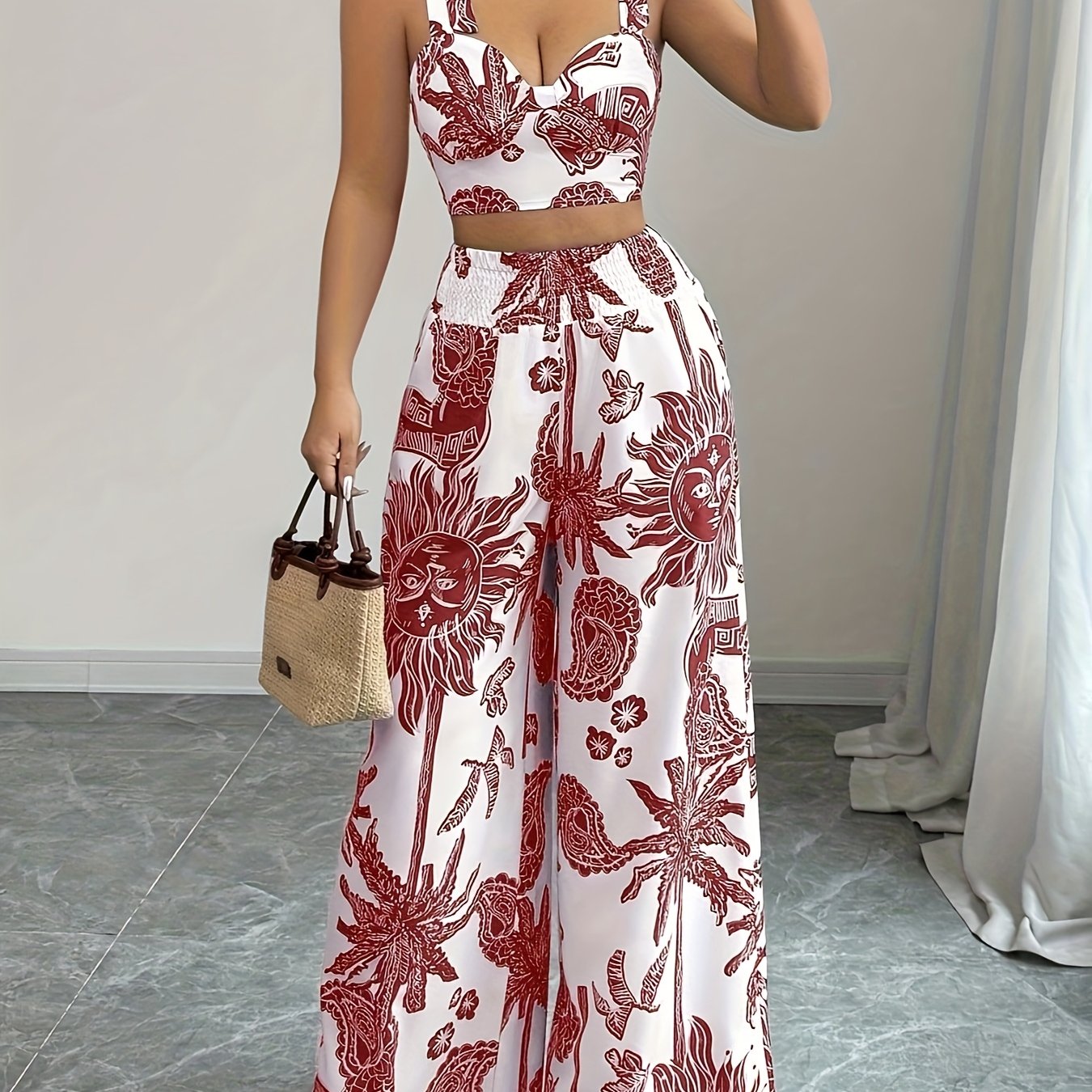 2pcs Bohemian Style Blue and White Floral Print Crop Top with Strapless Detail and Wide-Leg Pants, Perfect for Vacation or Casual Attire, Polyester, Spring/Summer Collection