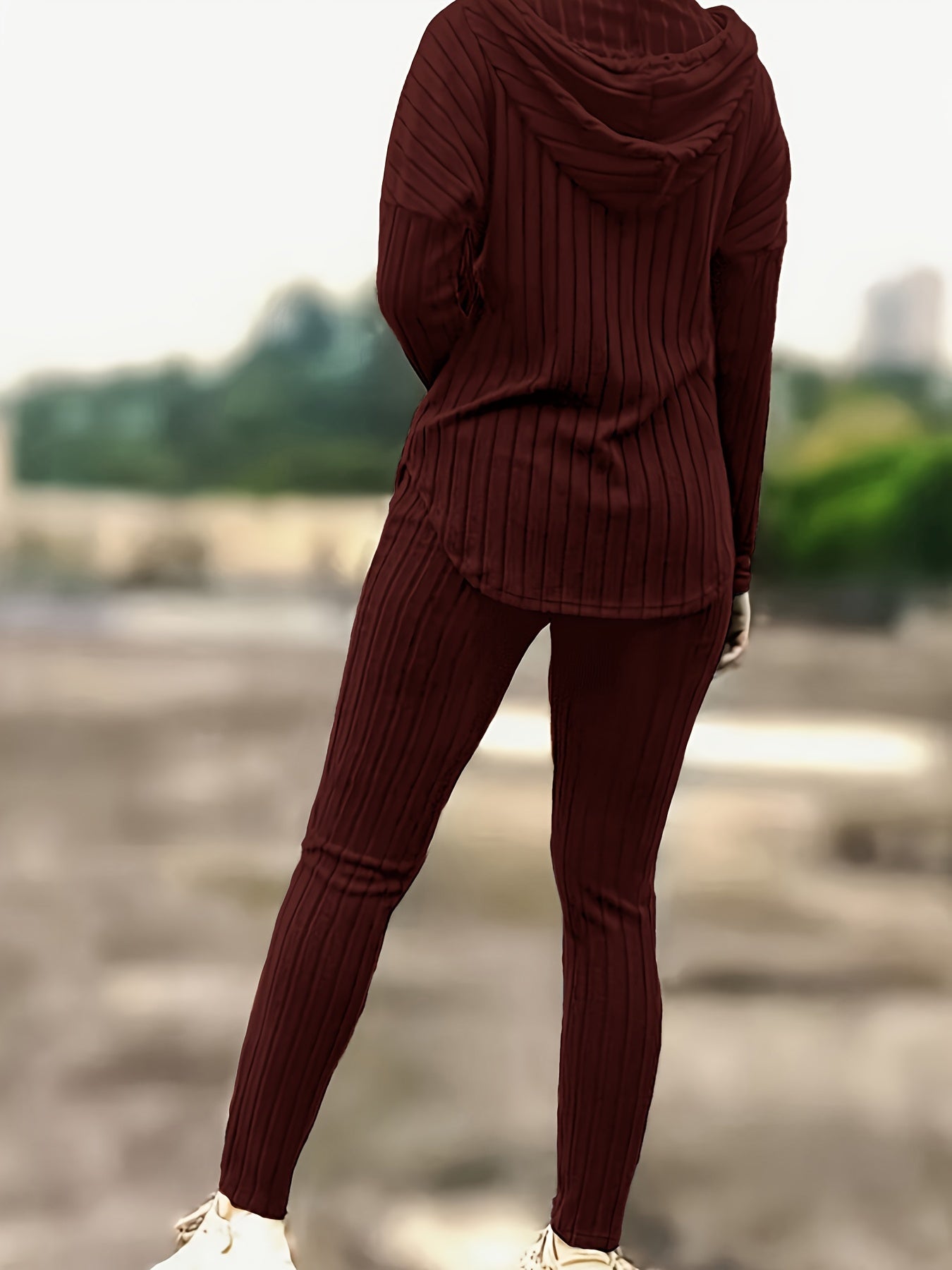 Ribbed Casual Two-piece Set, Long Sleeve Drawstring Hoodie & Slim Pants Outfits, Women's Clothing