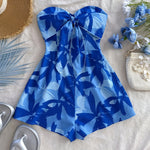 Women'S Blue Watercolor Silhouette Print Off-Shoulder Twist Dress - Casual Summer Style, Floral Pattern, Open Back Design, V-Neck with Tie Waist Detail, V-Neck Dress
