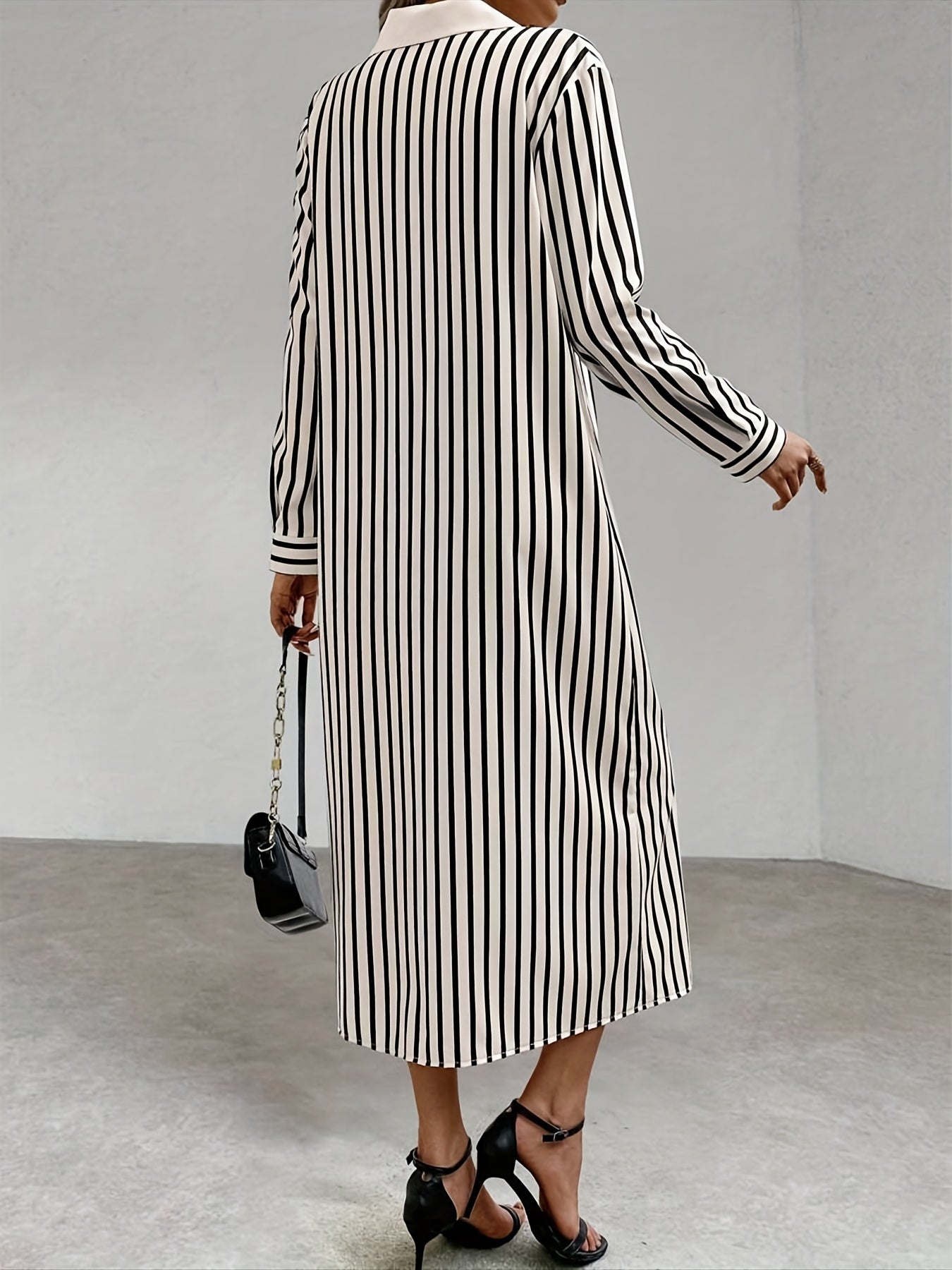 Elegant Striped Long Sleeve Shirt Dress with Lapel Collar and Button Details - Chic Spring/Autumn Women'S Shirting, Long Sleeve Dress