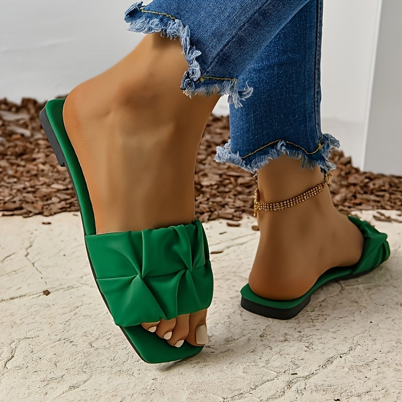 Stylish Pleated Slide Sandals for Women - Comfortable, Lightweight, Casual Square Open Toe Flat Shoes with Breathable Design for Summer - Easy Slip-On Style