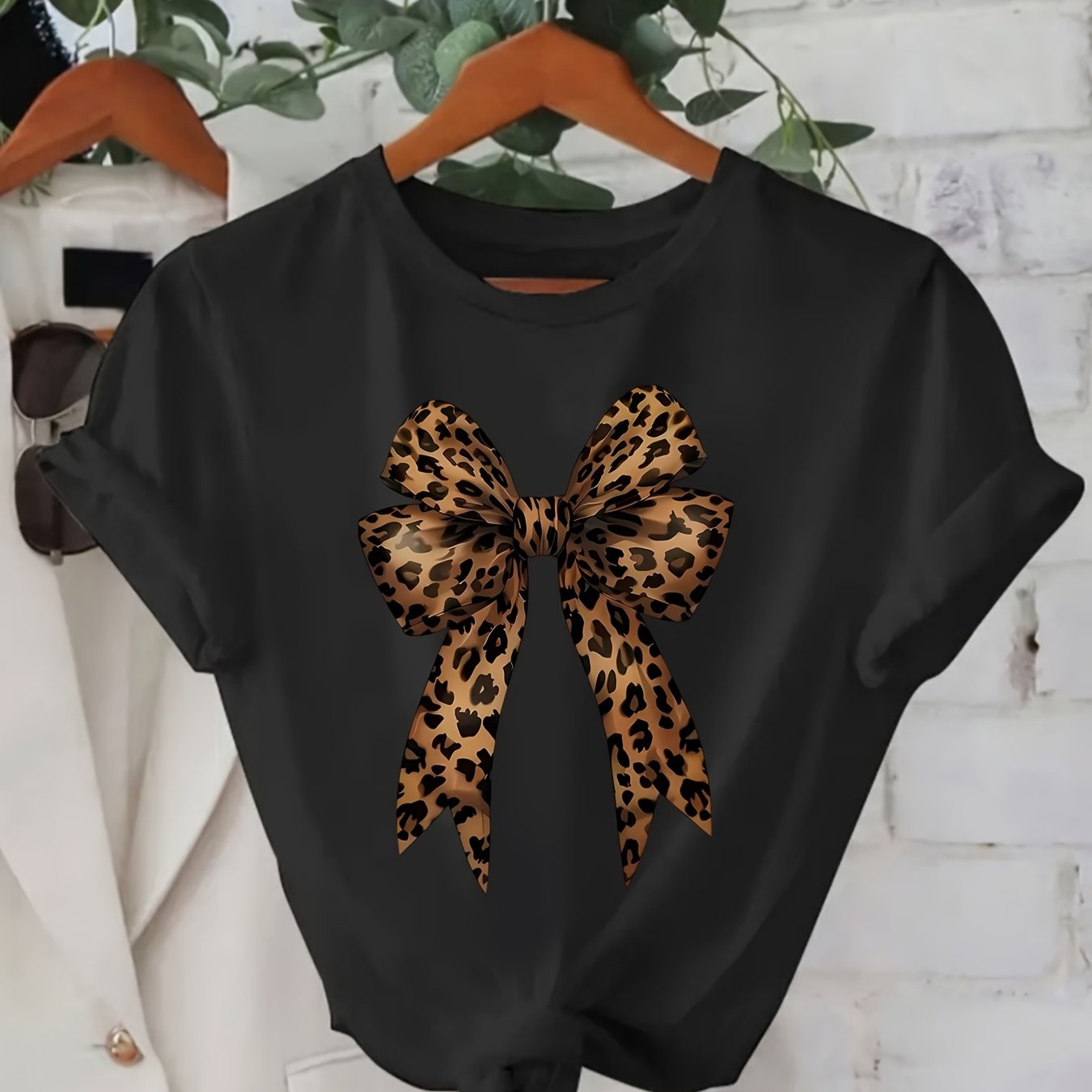 Women's Casual Leopard Print Bowknot T-Shirt - Short Sleeve, Round Neck, Soft & Comfortable Fabric, Perfect for Spring/Summer Fashion, Green Graphic Tee with Stylish Bow Design, Casual Wear | Playful Graphic Tee | Stylish Gra