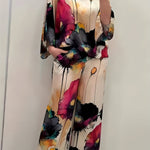 Women'S Casual Floral Printed Two-Piece Suit, Loose Pullover Top with Three Quarter Length Sleeve and Crew Neck, Breathable Polyester Blending, Machine Washable, Drawstring Pants for Spring, Summer, Autumn