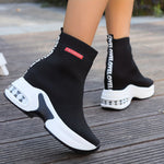 Women's Fashionable Slip-On Sneakers with Invisible Height Boost - Breathable Knit, Comfortable Mid-Heel Platform Shoes for Casual Wear