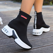 Women's Fashionable Slip-On Sneakers with Invisible Height Boost - Breathable Knit, Comfortable Mid-Heel Platform Shoes for Casual Wear
