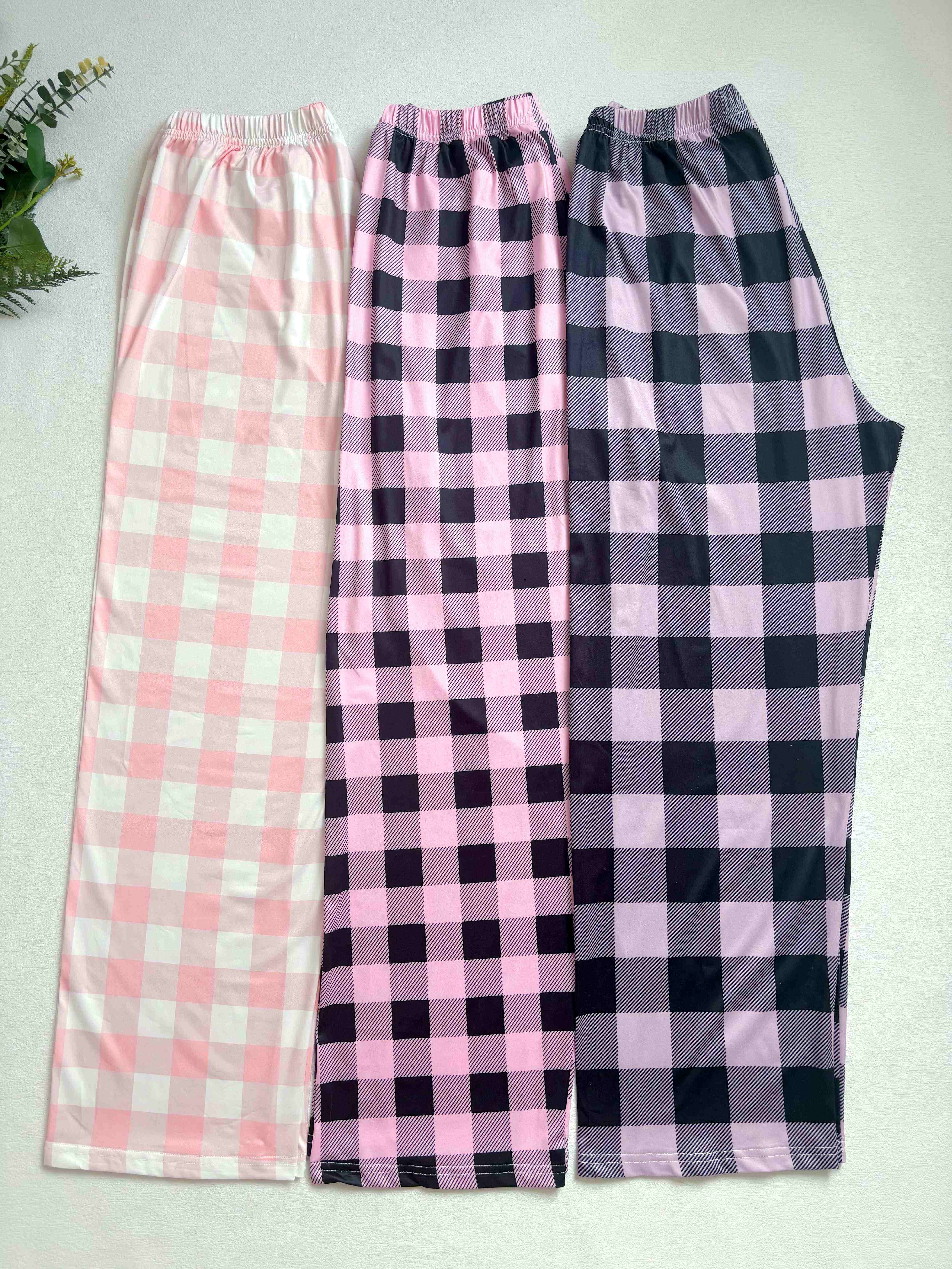 3pcs Elegant Plaid Pajama Set for Women - 97% Polyester, 3% Elastane, Summer Long Pants with Bow Detail, Knit Fabric Lounge Wear