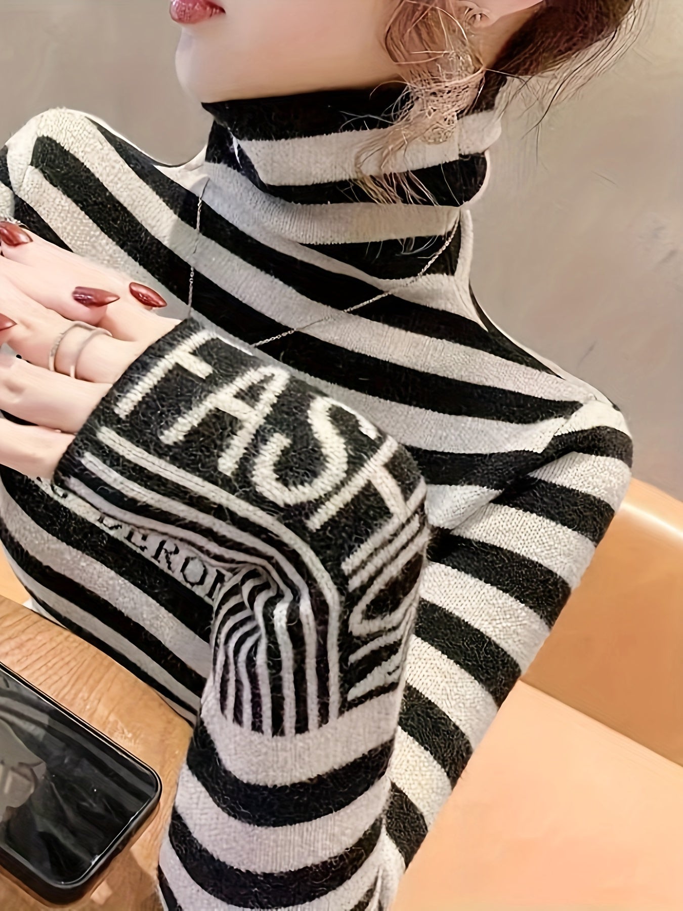 Striped Pattern Turtle Neck Sweater - Casual Long Sleeve Slim Fit Pullover Sweater for Fall & Winter - Women's Clothing - Soft & Cozy Fabric - Perfect Gift for Women