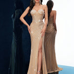 QOQ Women's Elegant Apricot Sequin Evening Dress - Long Sleeveless Bodycon Formal Gown with Fish Tail Hem, Medium Stretch Fabric for Spring/Summer Events, Glamorous Event Attire, Sophisticated Silhouette, Rhinestone Embellish