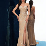 QOQ Women's Elegant Apricot Sequin Evening Dress - Long Sleeveless Bodycon Formal Gown with Fish Tail Hem, Medium Stretch Fabric for Spring/Summer Events, Glamorous Event Attire, Sophisticated Silhouette, Rhinestone Embellish