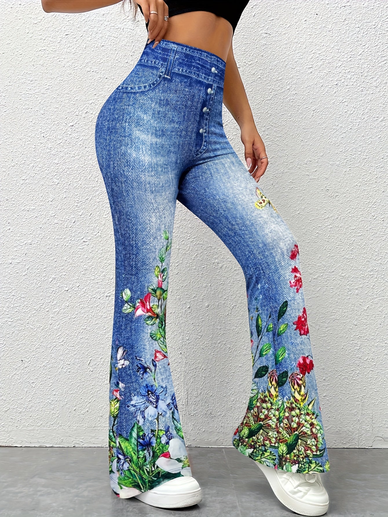 1pc Women'S Floral Print Flare Leg Faux Denim, Polyester Knit Fabric, All-Season Adult Bell Bottoms