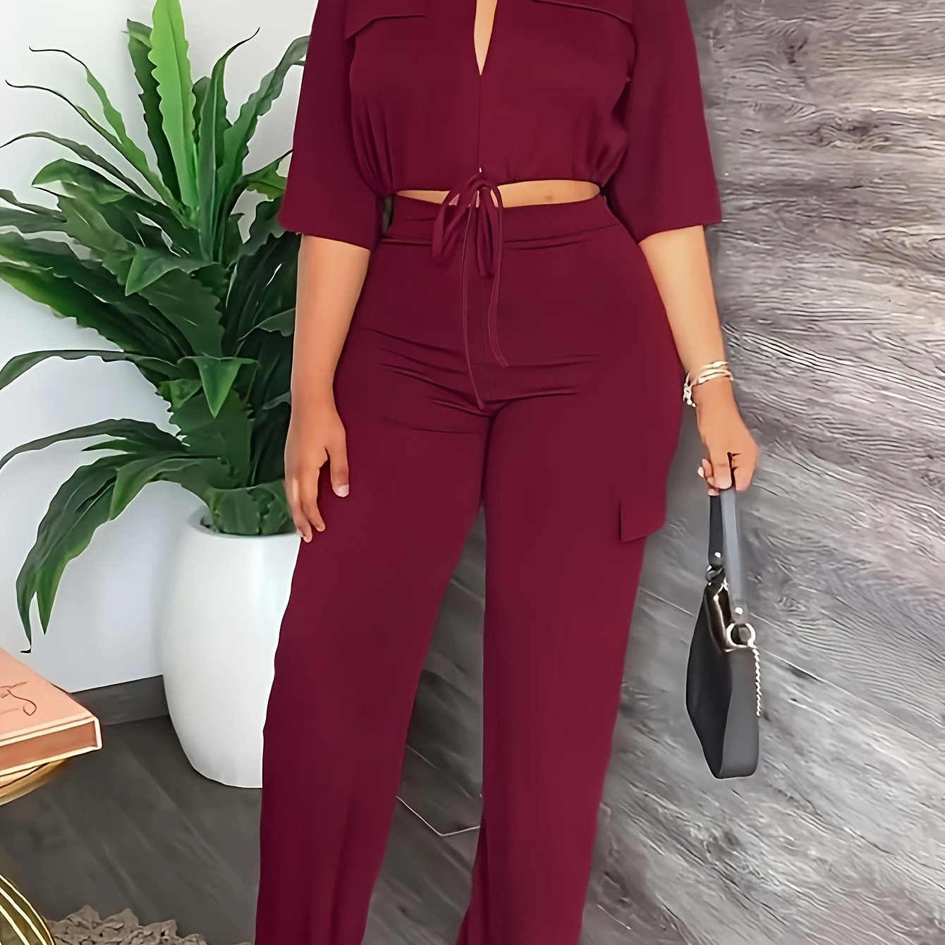 [Elegant Women's Outfit] Elegant Women's Outfit - High-Waisted Straight-Leg Pants with Drawstring Hem - Allseason Outfit, Glossy Fabric, European And American Style