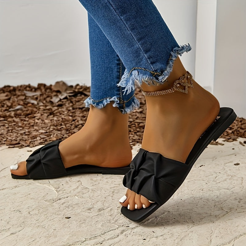 Stylish Pleated Slide Sandals for Women - Comfortable, Lightweight, Casual Square Open Toe Flat Shoes with Breathable Design for Summer - Easy Slip-On Style