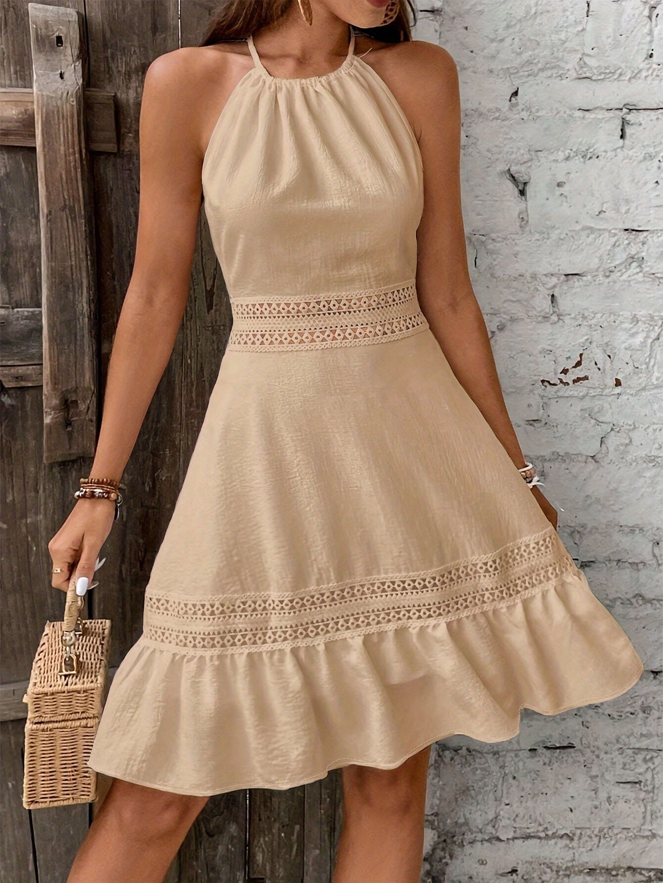 Stunning Ruffled Edge Lace Backless Halter Dress - Soft, Stretchy Polyester Blend Fabric, Machine Washable, Casual Chic for Spring, Summer, Fall - Leaves Pattern, Tie Back Design
