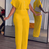 Women's Summer 2pcs Outfits Casual Tracksuit Short Sleeve Button Crop Top Wide Leg Long Pant Lounge Sets
