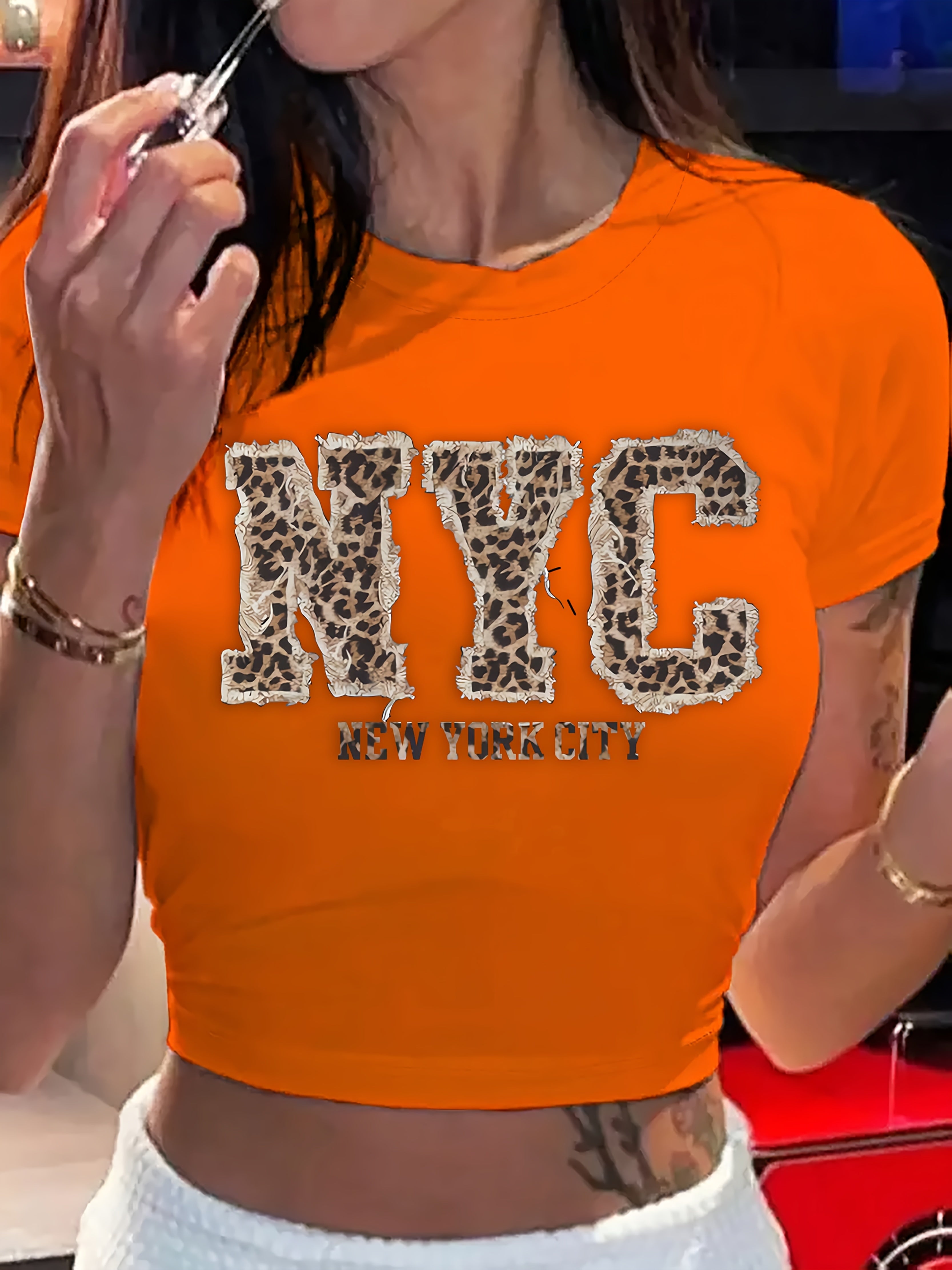 Women'S Casual Leopard Print NYC Graphic Crop Top T-Shirt - Crew Neck, Short Sleeve, Spring/Summer Fashion, Black with Golden Lettering, Leopard Print Shirt