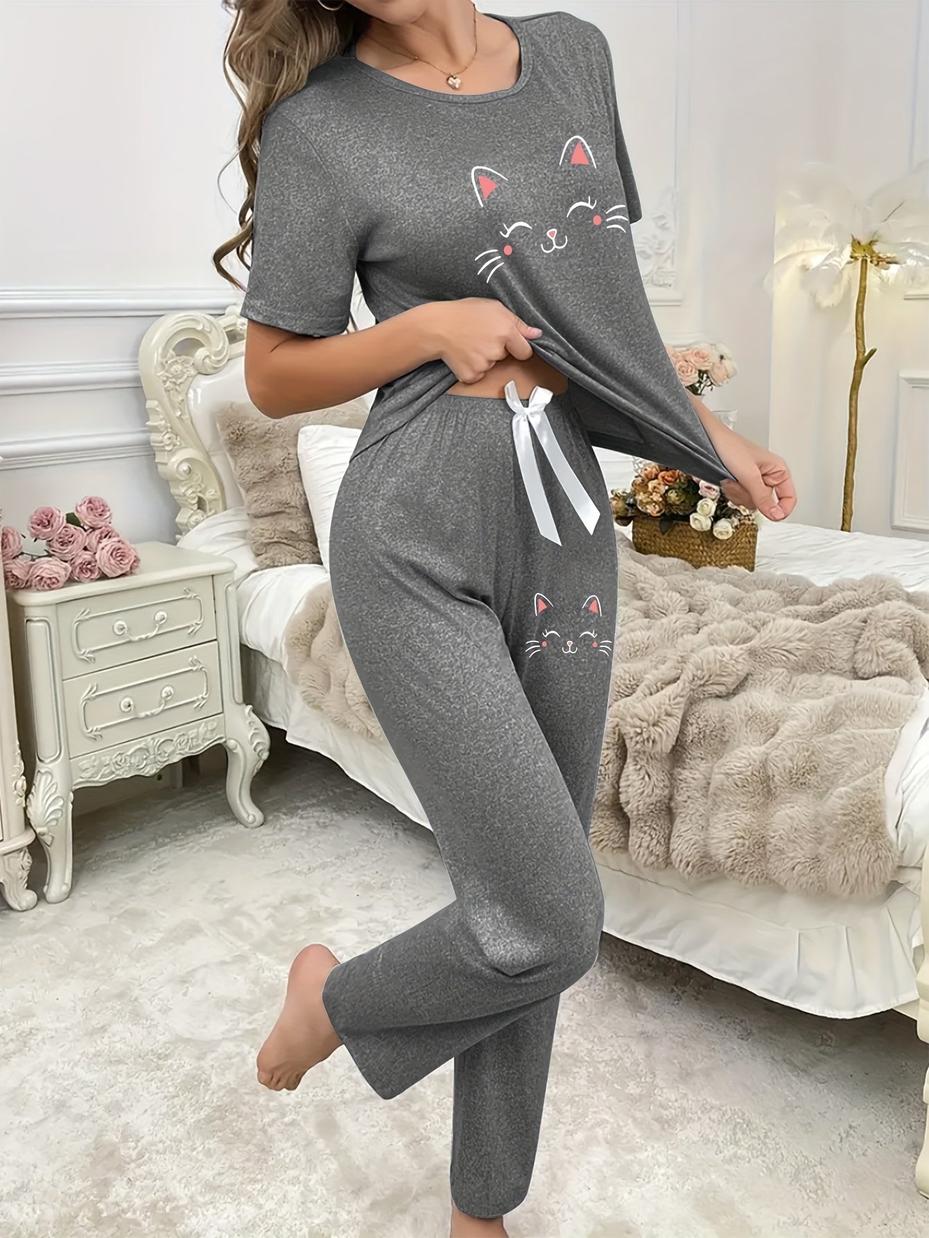 3pcs Cartoon joyful Cat Print Pajama Set for Women, Short Sleeve Top and Long Pants Shorts, Casual Comfortable Home Wear