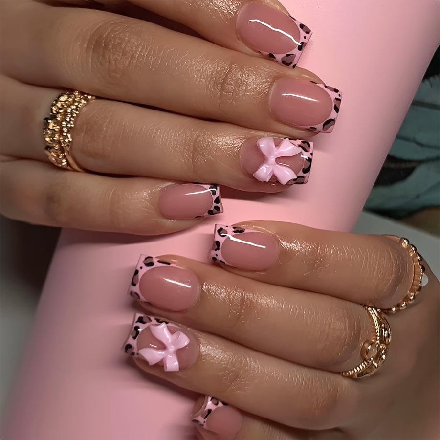 24pcs Short Bright Pink Leopard Print Contrast Color Bow Wearable Nail False Nails