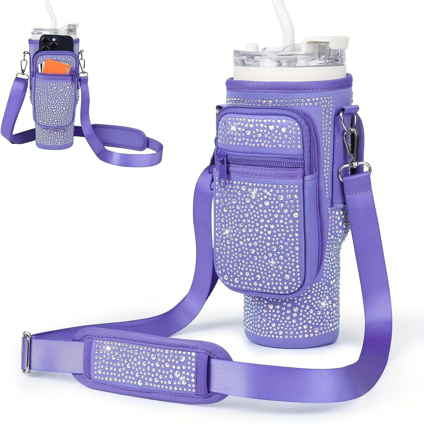[Bling Neoprene Bottle Carrier] Multifunctional Neoprene Water Bottle Carrier - Insulated Sleeve Bag with Phone Holder, Card Slots, Detachable Strap for 40/30 Oz Tumblers - Bling Diamond Design, Key Hook