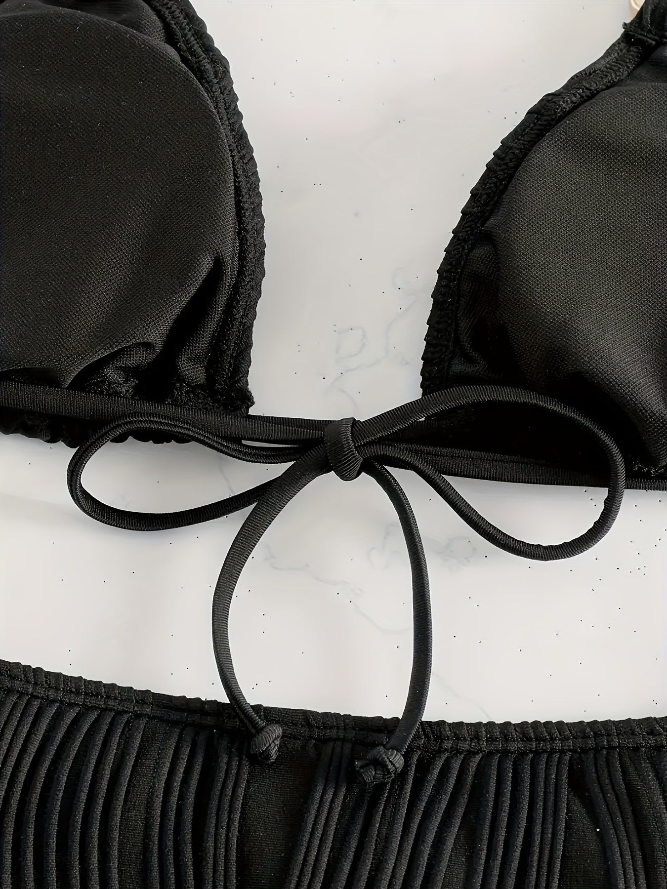 Golden Chain Link Charming Halter Neck 2pcs Bikini Set with Bow Side Triangle Tie-Neck Swimsuit, Women's Swimwear and Apparel