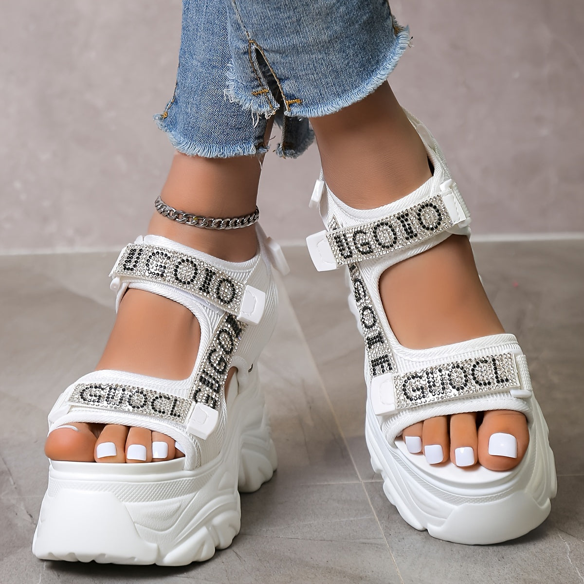 Elegant Summer 2024 Women's Black Rhinestone-Embellished High Heel Sandals - Breathable Mesh, Lightweight, Waterproof Platform with Hook-and-loop Fastener Straps, Open Toe Design for Stylish Daily Wear, Chunky Heel Sandals