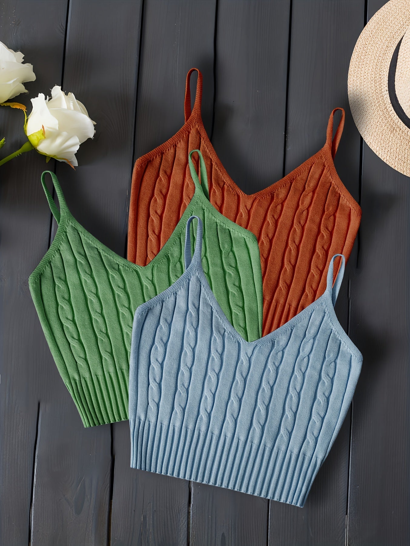 3-Pack Valentines Day Cable Knit Cami Tops - Soft V-Neck, Sleeveless Slim Crop, Adjustable Straps, Versatile Layering Essential - Womens Clothing, Celebrate Love in Style