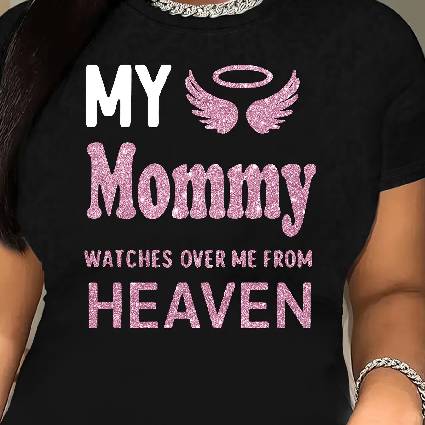 Angel Wings My Mommy Watches Over Me from Heaven Print T-Shirt, Women'S Fashion Loose-Fit Comfortable Slogan Tee, Casual Crew Neck Short Sleeve Top, Machine Washable Knit Fabric, Versatile for All Seasons, Ideal for Outdoor A