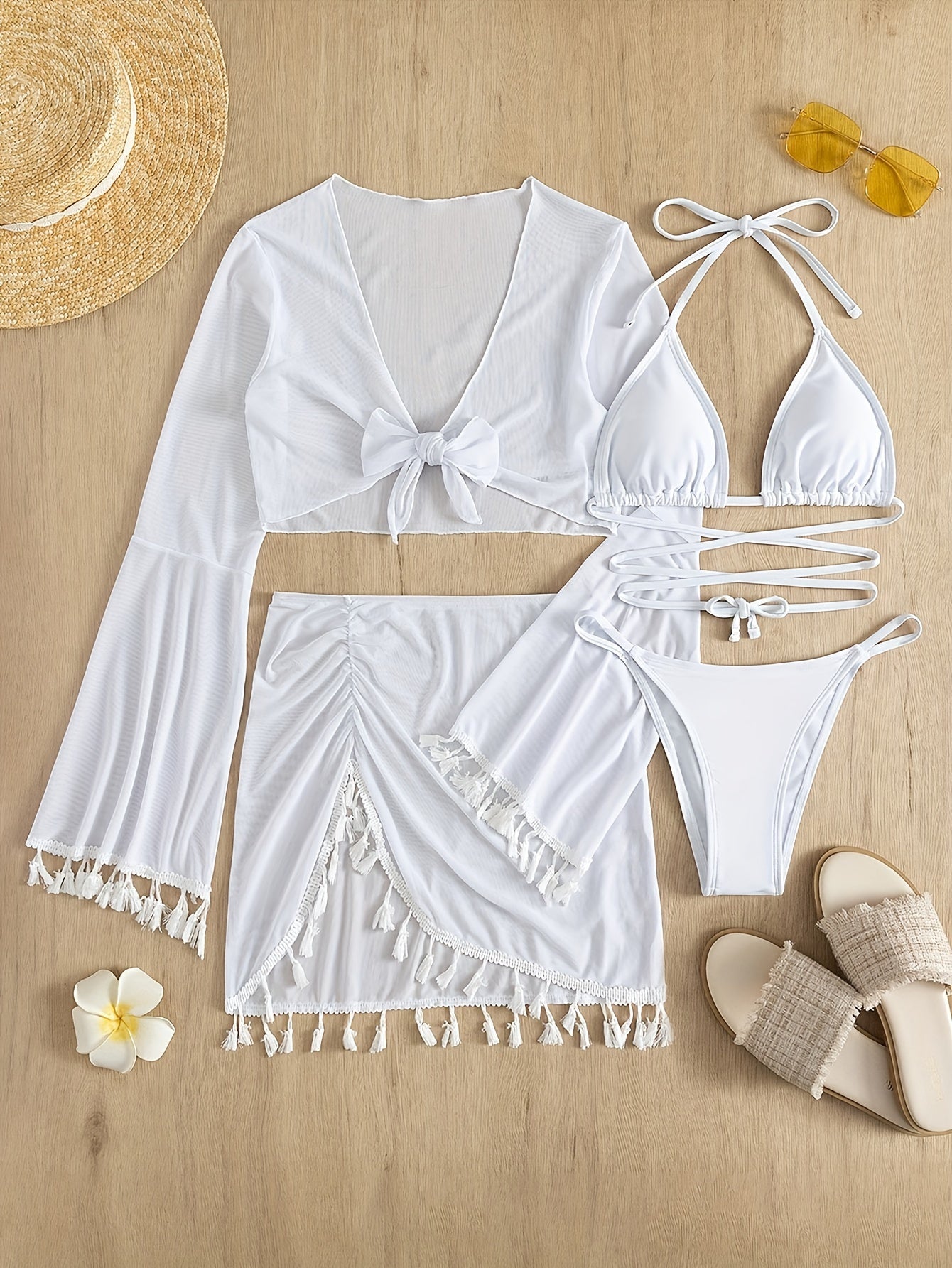 Tassel Decor 4 Piece Set Bikini - Triangle Halter Neck High Cut With Long Sleeves Cover Up Shirt & Skirt Swimsuits - Women's Swimwear & Clothing - For Summer Beach Vacations - Perfect Gift for Women