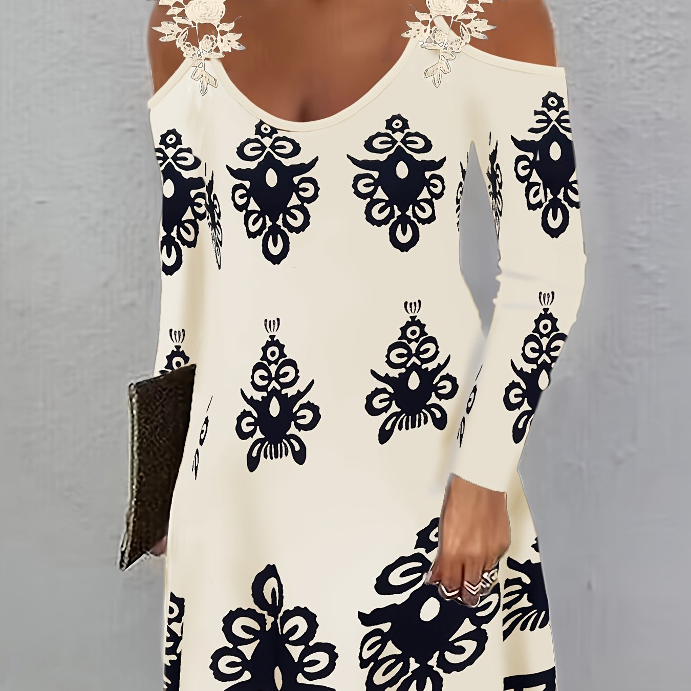 Elegant Off-Shoulder Printed A-Line Dress - Dacron and Spandex Blend, Polyester 95%, Elastane 5%, Knit Fabric - For All Seasons - For Women - Perfect for Parties, Weddings & Casual Occasions - Great Gift for Her