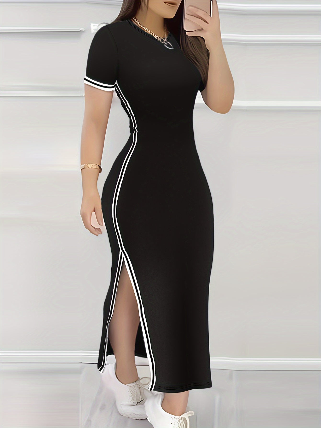 Women's Contrast Trim Split Hem Bodycon Dress - Elegant Crew Neck Short Sleeve Dress For Spring & Summer - For Women - Perfect for Parties & Casual Occasions - Stylish Gift for Fashionable Ladies