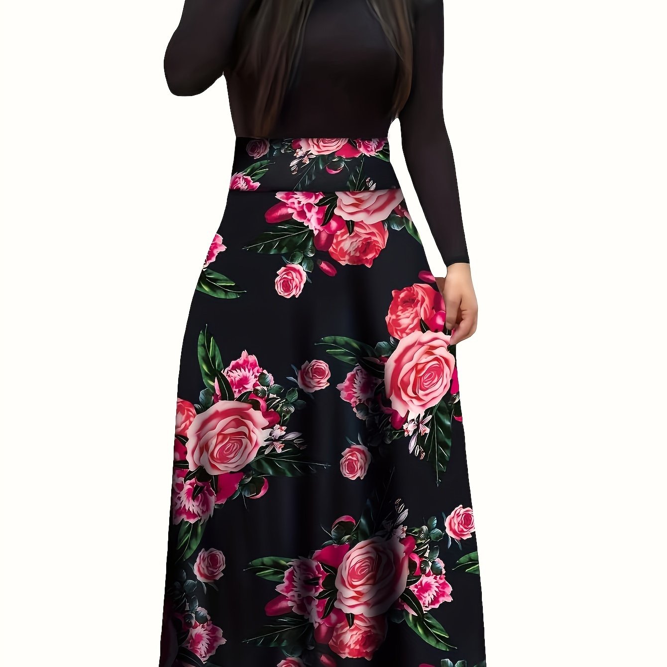 Stunning Floral Print Maxi Dress - Women's Elegant Long Sleeve Crew Neck Splicing Dress for Spring & Fall - Perfect for Various Occasions