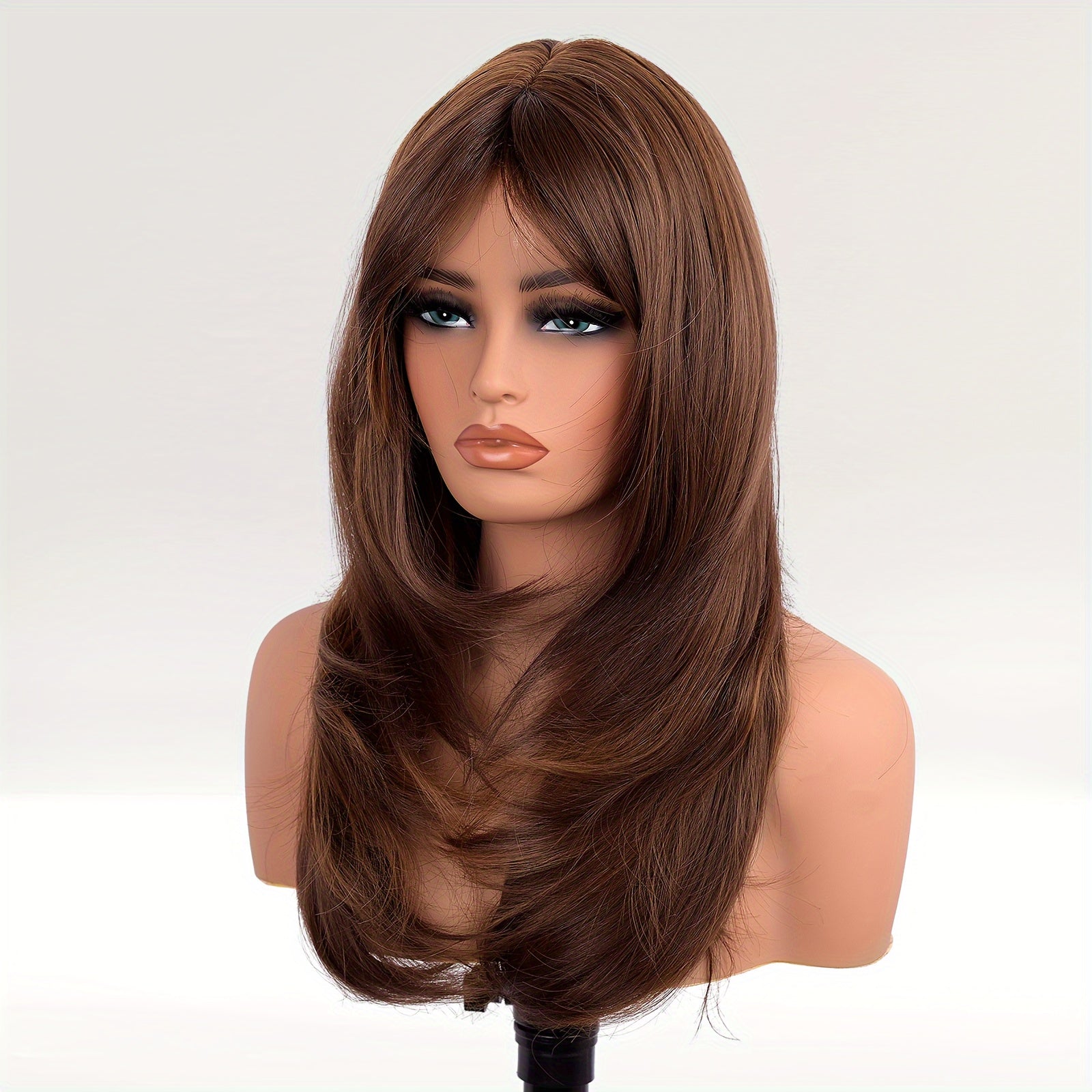 Glueless Synthetic Wigs For Women, Natural Straight Layered Wigs With Bangs, Copper Red Wigs, Brown Wigs, 20 Inches Shoulder Length