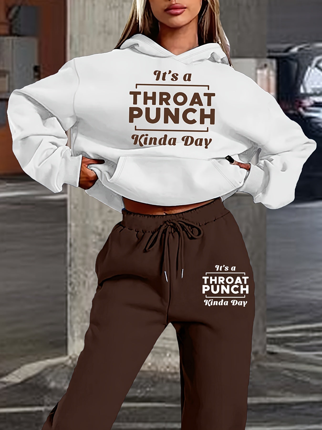 Women's Fashionable Athletic Two-Piece Set: White Hoodie with "THROAT PUNCH" Print & Blue Joggers with Drawstring - Casual, Trendy Streetwear, Polyester, Relaxed Fit Clothing|Playful Graphic Print|Glossy Fabric