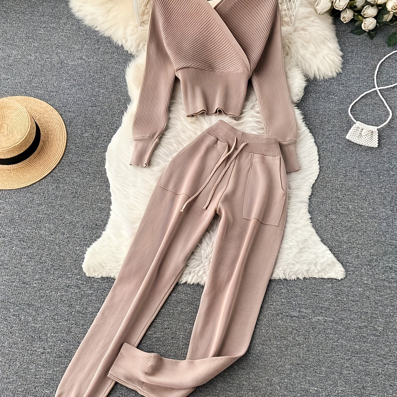 Solid Color V-Neck Exposed Shoulder Slimming Waist Knitted Two-Piece Set with Tie Rope Long Pants for Women