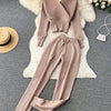 Solid Color V-Neck Exposed Shoulder Slimming Waist Knitted Two-Piece Set with Tie Rope Long Pants for Women