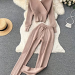 Solid Color V-Neck Exposed Shoulder Slimming Waist Knitted Two-Piece Set with Tie Rope Long Pants for Women