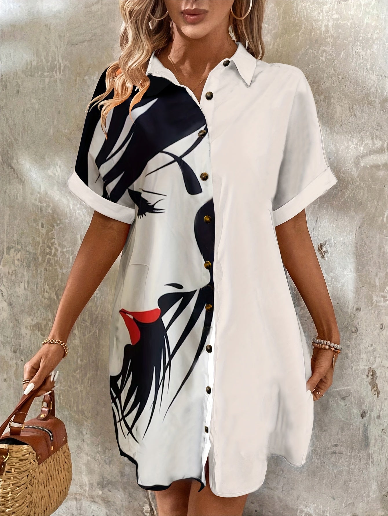 Elegant Women's Portrait Print Shirt Dress - Chic Button-Up Cardigan with Short Sleeves, Polyester, Machine Washable, Ideal for Spring/Summer