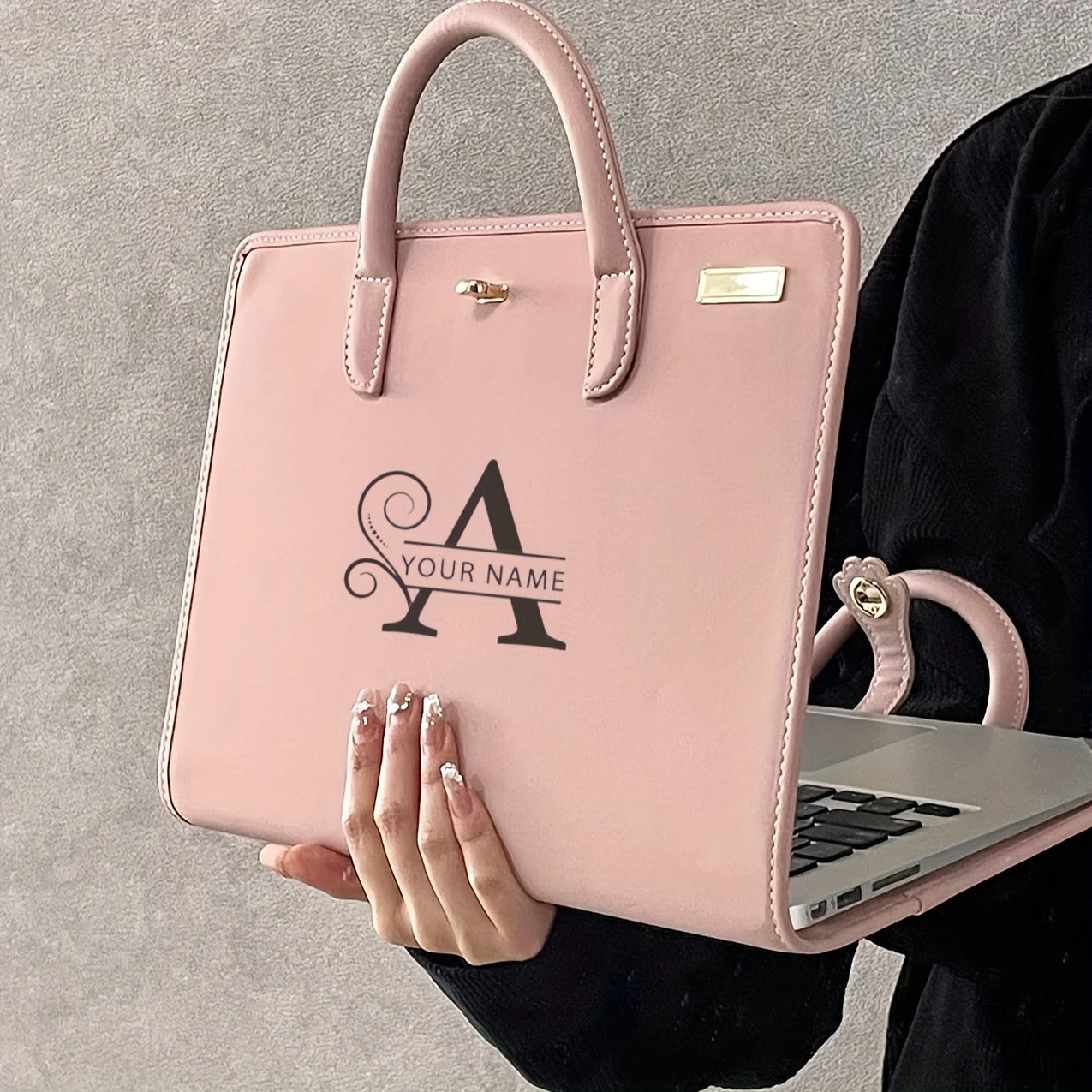 1 Pink PU Leather Laptop Tote Bag with Personalized Name, Floral Pattern, Magnetic Flap Closure, Portable Briefcase for Office and School