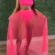 Women 3 Piece Swimsuit Set, Bandeau Bikini And Fishnet Hollow Out Beach Maxi Dress Cover Ups Party Skirts, Clubwear Set, Women's Clothing