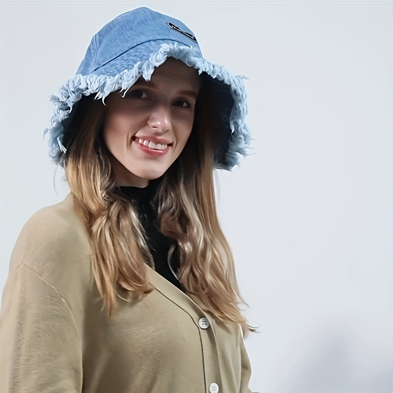 Stylish Basin Bucket Hat - Lightweight, Distressed, Raw Hem, Casual Sunshade Fisherman Cap for Women and Girls - Blue Denim Washed, Soft, Breathable, Adjustable, Perfect for Outdoor Activities