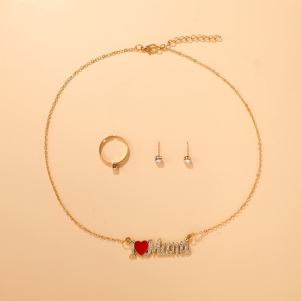 4pcs Bohemian style Women's jewelry set - "I Love Mom" pendant necklace, earrings, and ring combination, perfect for Mother's Day gifts, parties, Teacher's Day/ back to school/ graduation