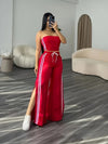 Chic Women's Red & White Stripe Casual Two-Piece Set - Off-Shoulder Crop Top & High-Waist Drawstring Pants, Polyester Blend, Machine Washable, Perfect for Spring/Summer