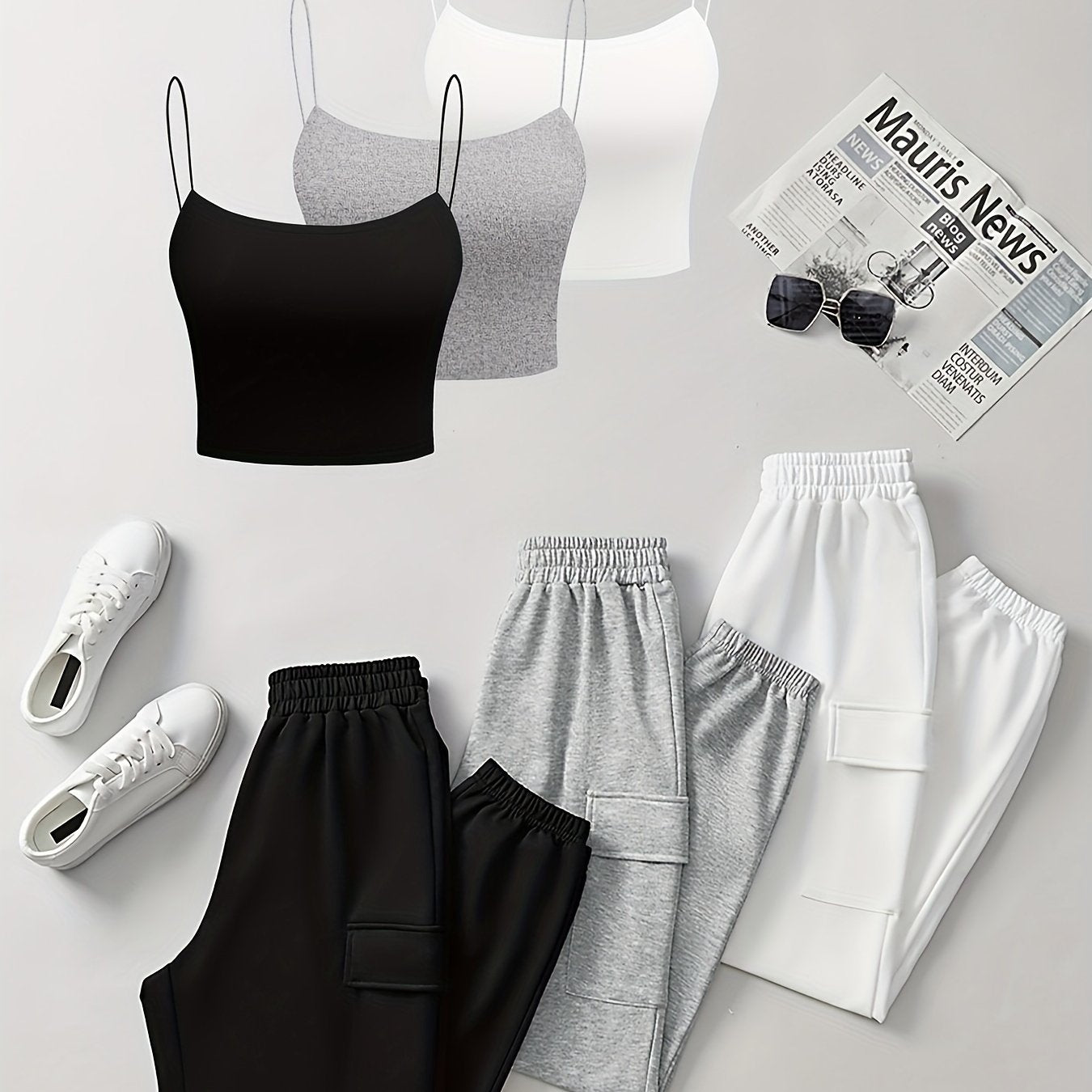 [Stylish Lounge Wear Set] 6pcs Comfortable Polyester Vest and Sweatpants Set - Solid Color Knit Fabric, All-Season Lounge Wear with Pockets